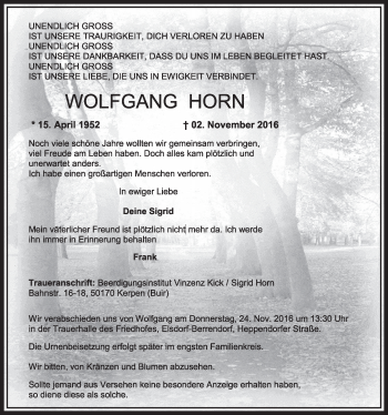 Anzeige von Wolfgang  Horn von  Sonntags-Post 