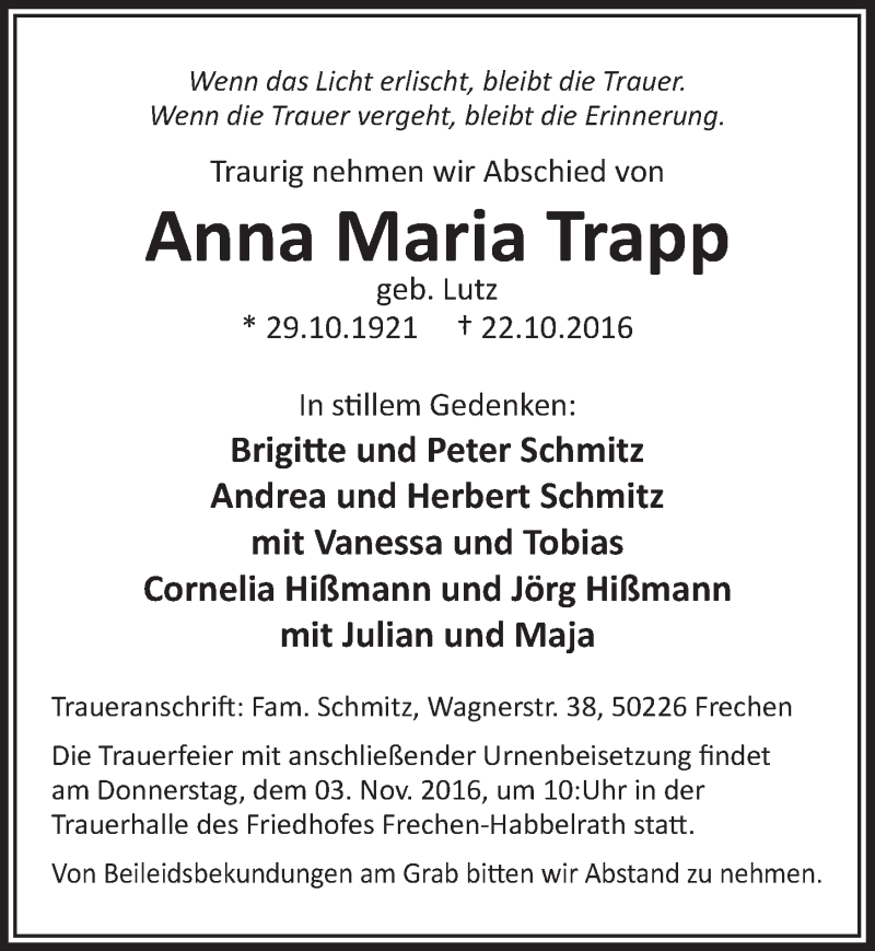  Traueranzeige für Anna Maria Trapp vom 02.11.2016 aus  Wochenende 