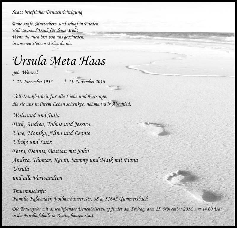  Traueranzeige für Ursula Meta Haas vom 16.11.2016 aus  Anzeigen Echo 