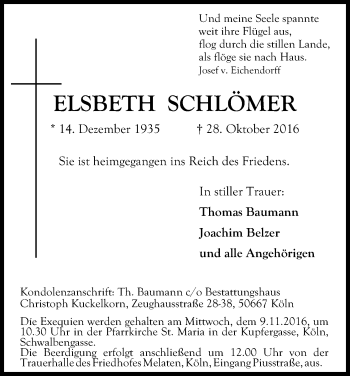 Anzeige von Elsbeth Schlömer von Kölner Stadt-Anzeiger / Kölnische Rundschau / Express