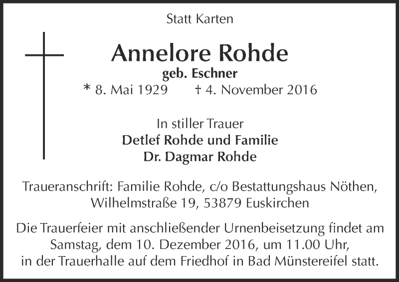  Traueranzeige für Annelore Rohde vom 26.11.2016 aus  Blickpunkt Euskirchen 