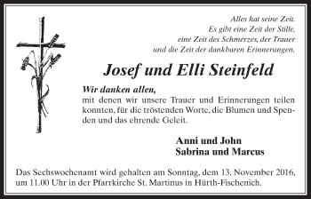 Anzeige von Josef/Elli Steinfeld von  Wochenende 