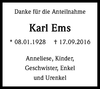 Anzeige von Karl Ems von Kölner Stadt-Anzeiger / Kölnische Rundschau / Express