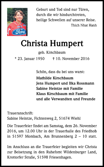 Anzeige von Christa Humpert von Kölner Stadt-Anzeiger / Kölnische Rundschau / Express