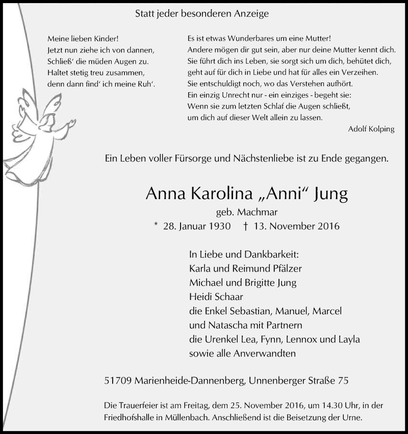  Traueranzeige für Anna Karolina Jung vom 19.11.2016 aus Kölner Stadt-Anzeiger / Kölnische Rundschau / Express