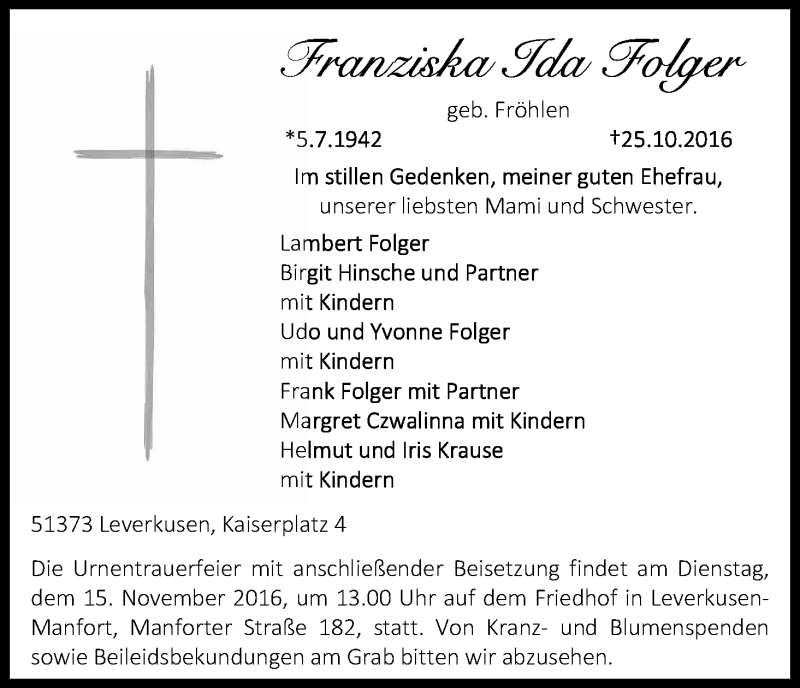  Traueranzeige für Franziska Ida Folger vom 05.11.2016 aus Kölner Stadt-Anzeiger / Kölnische Rundschau / Express