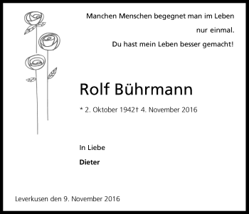 Anzeige von Rolf Bührmann von Kölner Stadt-Anzeiger / Kölnische Rundschau / Express