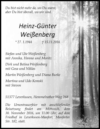 Anzeige von Heinz-Günter Weißenberg von Kölner Stadt-Anzeiger / Kölnische Rundschau / Express
