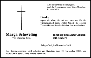 Anzeige von Marga Scheveling von Kölner Stadt-Anzeiger / Kölnische Rundschau / Express
