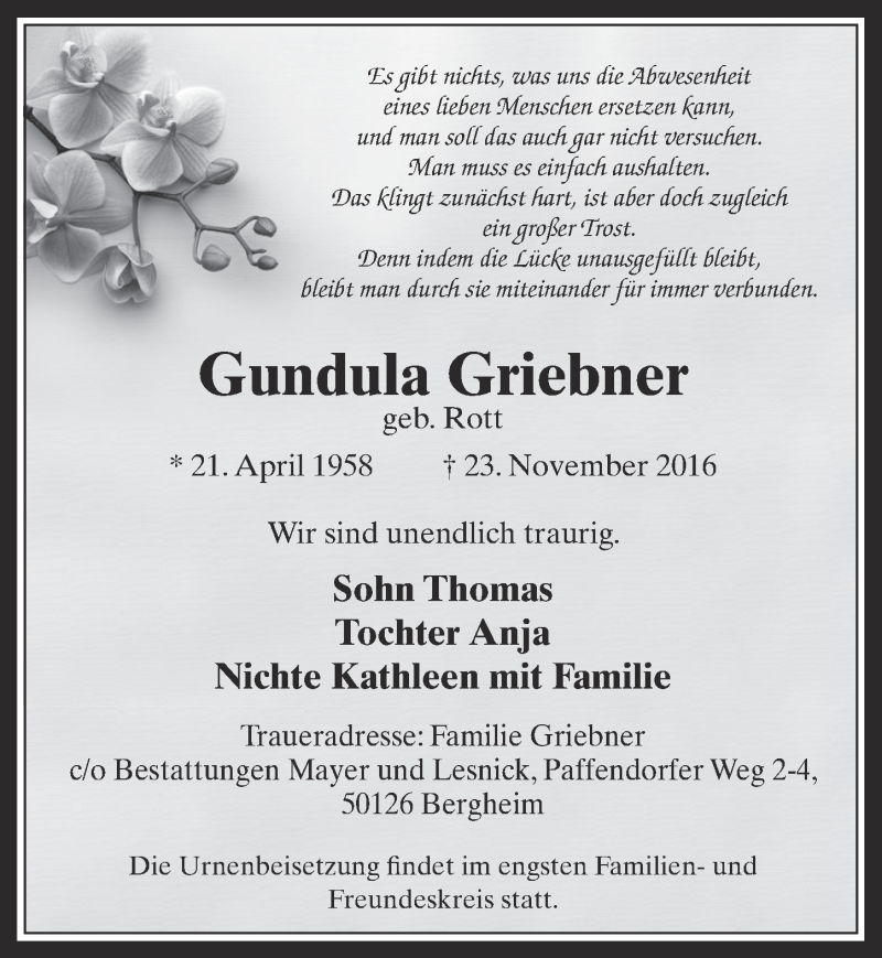  Traueranzeige für Gundula Griebner vom 30.11.2016 aus  Werbepost 