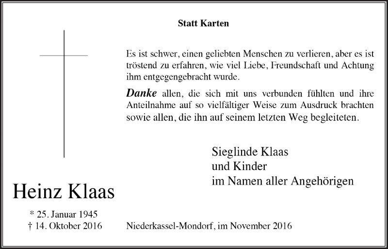  Traueranzeige für Heinz Klaas vom 16.11.2016 aus  Extra Blatt 