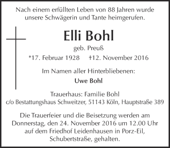 Anzeige von Elli Bohl von  Kölner Wochenspiegel 