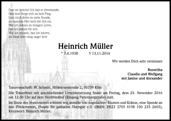 Anzeige von Heinrich Müller von Kölner Stadt-Anzeiger / Kölnische Rundschau / Express