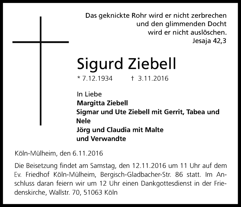  Traueranzeige für Sigurd Ziebell vom 09.11.2016 aus Kölner Stadt-Anzeiger / Kölnische Rundschau / Express