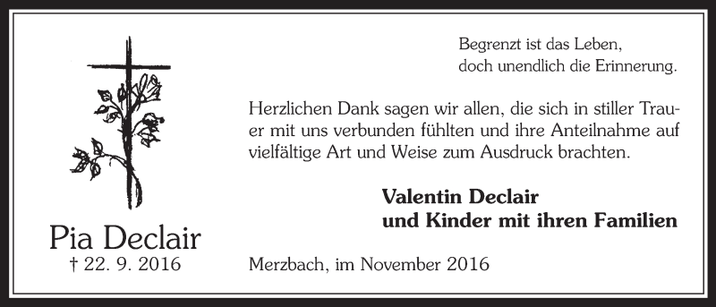  Traueranzeige für Pia Declair vom 02.11.2016 aus  Schaufenster/Blickpunkt 