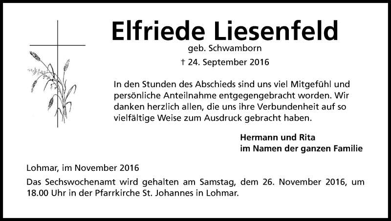  Traueranzeige für Elfriede Liesenfeld vom 19.11.2016 aus Kölner Stadt-Anzeiger / Kölnische Rundschau / Express