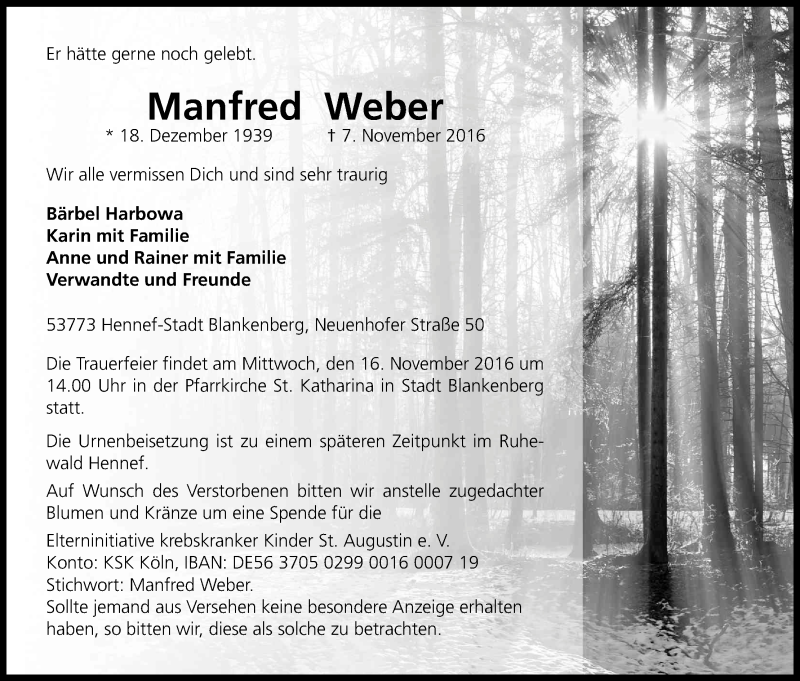  Traueranzeige für Manfred Weber vom 12.11.2016 aus Kölner Stadt-Anzeiger / Kölnische Rundschau / Express