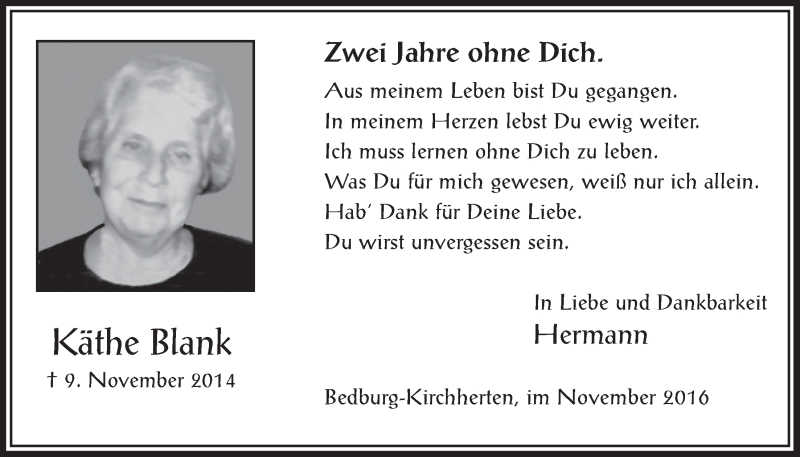  Traueranzeige für Käthe Blank vom 09.11.2016 aus  Werbepost 