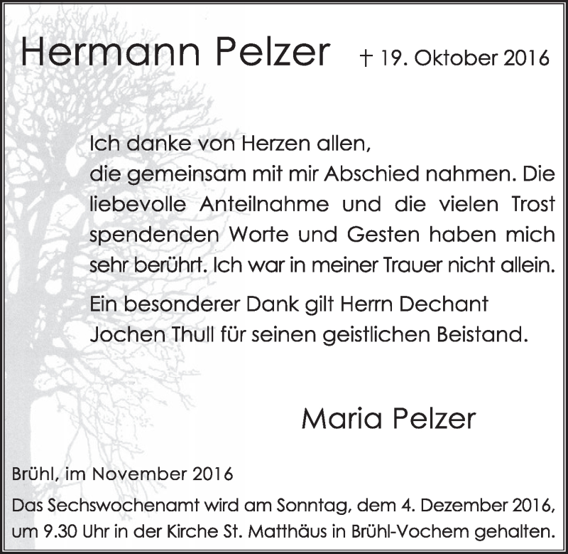  Traueranzeige für Hermann Pelzer vom 23.11.2016 aus  Schlossbote/Werbekurier 