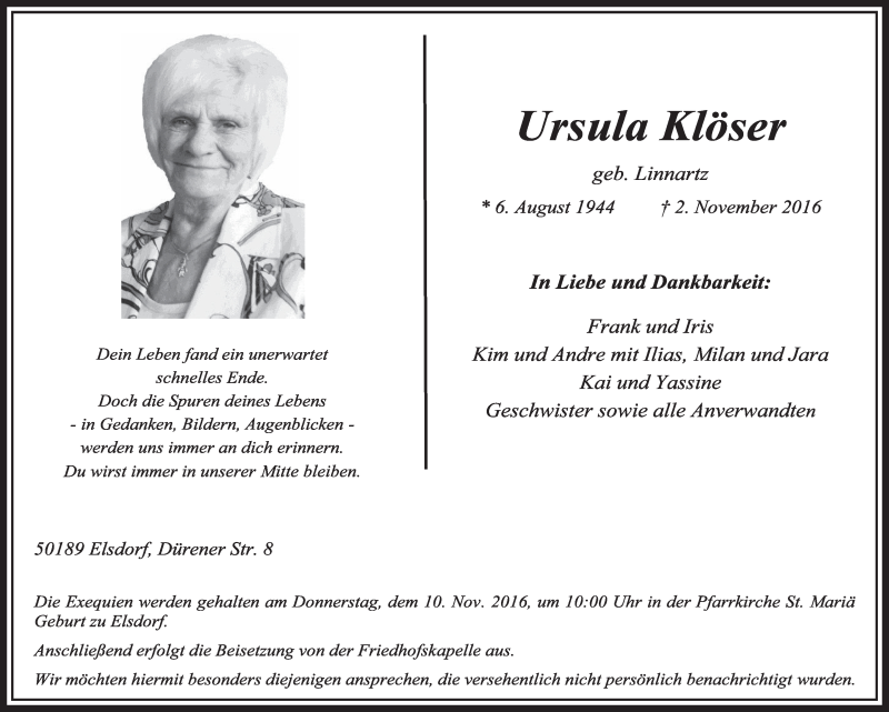  Traueranzeige für Ursula Klöser vom 05.11.2016 aus  Sonntags-Post 