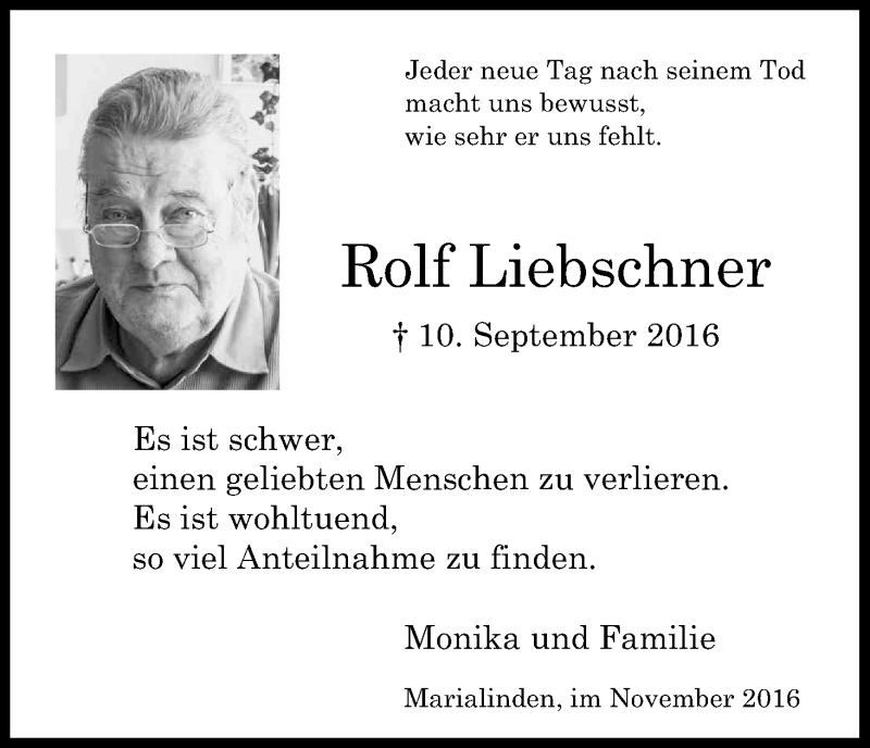  Traueranzeige für Rolf Liebschner vom 19.11.2016 aus Kölner Stadt-Anzeiger / Kölnische Rundschau / Express
