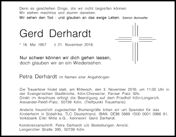 Anzeige von Gerd Derhardt von Kölner Stadt-Anzeiger / Kölnische Rundschau / Express