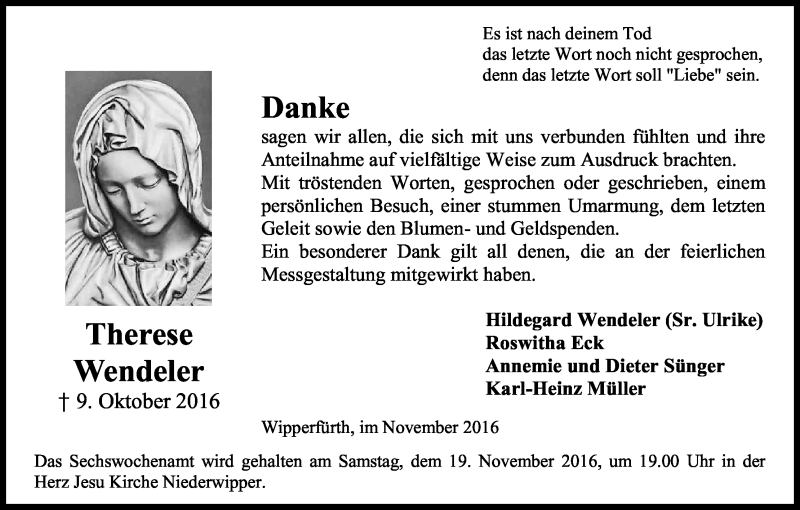  Traueranzeige für Therese Wendeler vom 12.11.2016 aus Kölner Stadt-Anzeiger / Kölnische Rundschau / Express