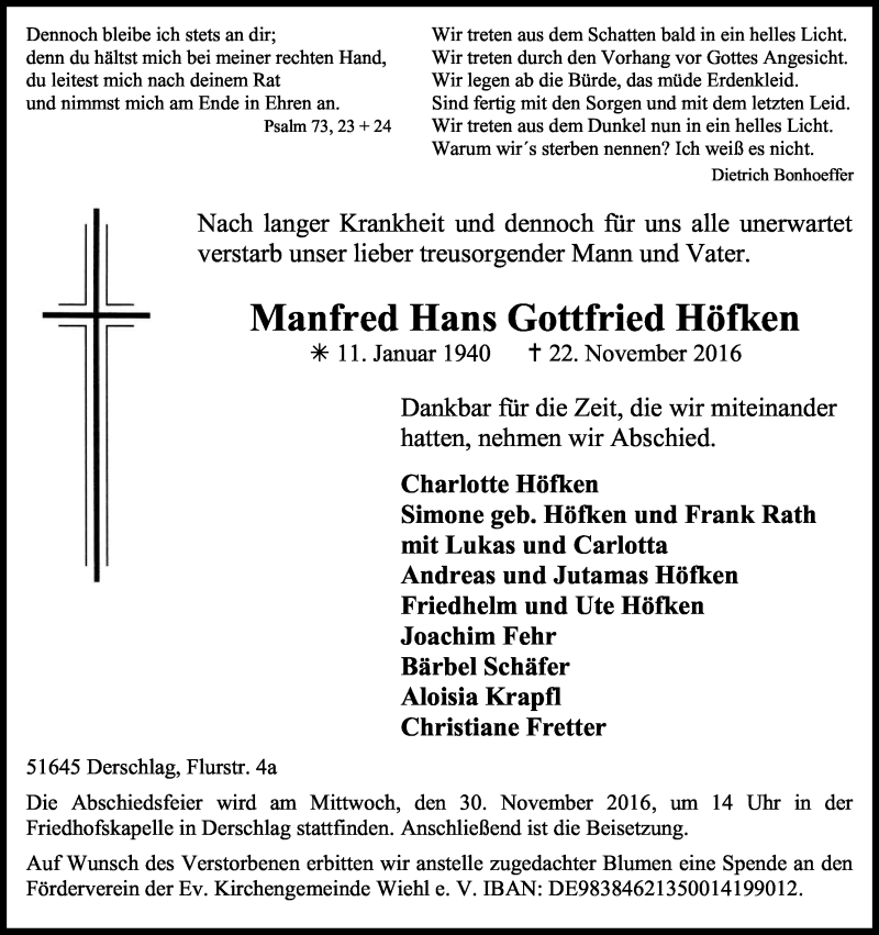  Traueranzeige für Manfred Hans Höfken vom 26.11.2016 aus Kölner Stadt-Anzeiger / Kölnische Rundschau / Express