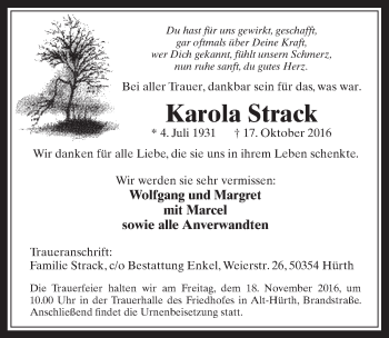 Anzeige von Karola Strack von  Wochenende 