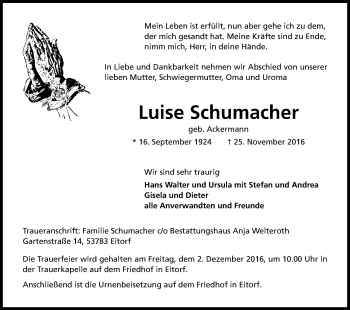 Anzeige von Luise Schumacher von Kölner Stadt-Anzeiger / Kölnische Rundschau / Express
