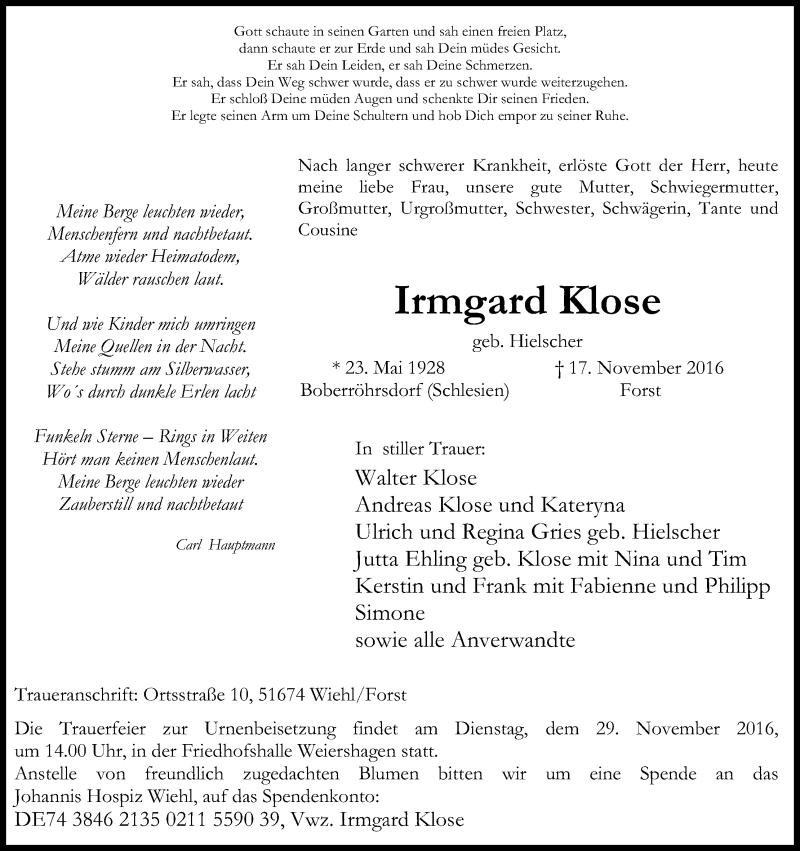  Traueranzeige für Irmgard Klose vom 22.11.2016 aus Kölner Stadt-Anzeiger / Kölnische Rundschau / Express