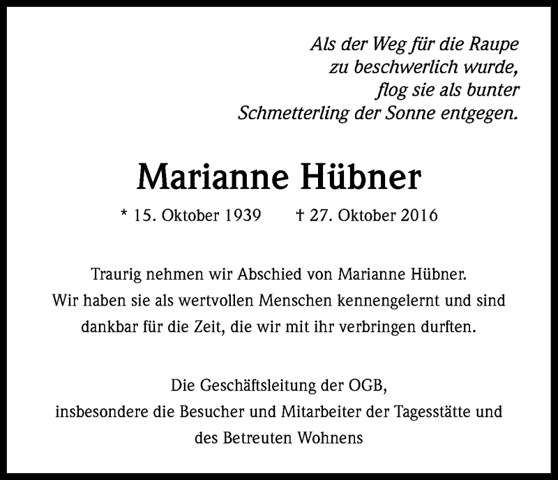  Traueranzeige für Marianne Hübner vom 05.11.2016 aus Kölner Stadt-Anzeiger / Kölnische Rundschau / Express