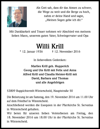 Anzeige von Willi Krill von Kölner Stadt-Anzeiger / Kölnische Rundschau / Express