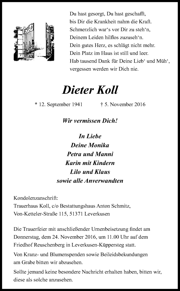  Traueranzeige für Dieter Koll vom 18.11.2016 aus Kölner Stadt-Anzeiger / Kölnische Rundschau / Express