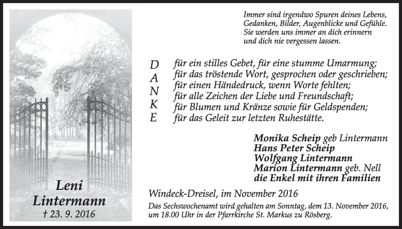  Traueranzeige für Leni Lintermann vom 09.11.2016 aus  Schlossbote/Werbekurier 