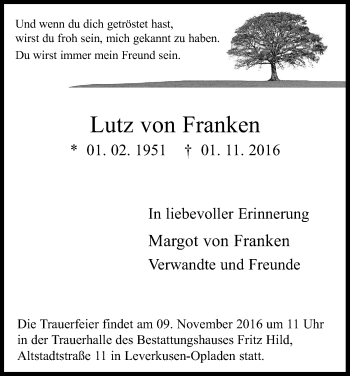 Anzeige von Lutz von Franken von Kölner Stadt-Anzeiger / Kölnische Rundschau / Express