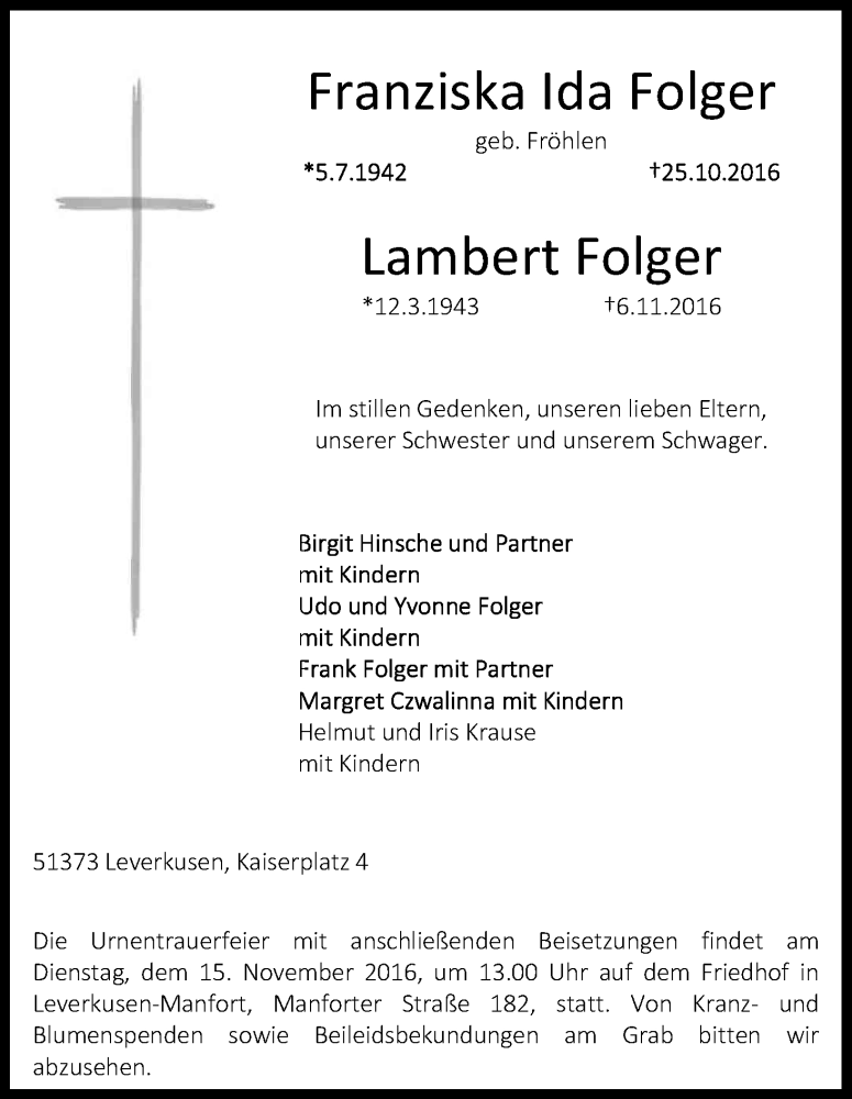  Traueranzeige für Franziska Ida und Lambert Folger vom 09.11.2016 aus Kölner Stadt-Anzeiger / Kölnische Rundschau / Express