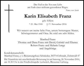 Anzeige von Karin Elisabeth Franz von Kölner Stadt-Anzeiger / Kölnische Rundschau / Express