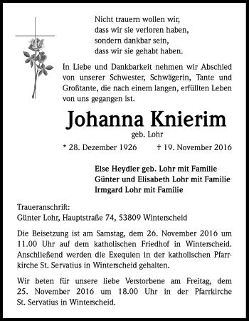 Anzeige von Johanna Knieriem von Kölner Stadt-Anzeiger / Kölnische Rundschau / Express