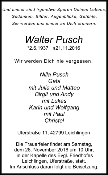 Anzeige von Walter Pusch von Kölner Stadt-Anzeiger / Kölnische Rundschau / Express