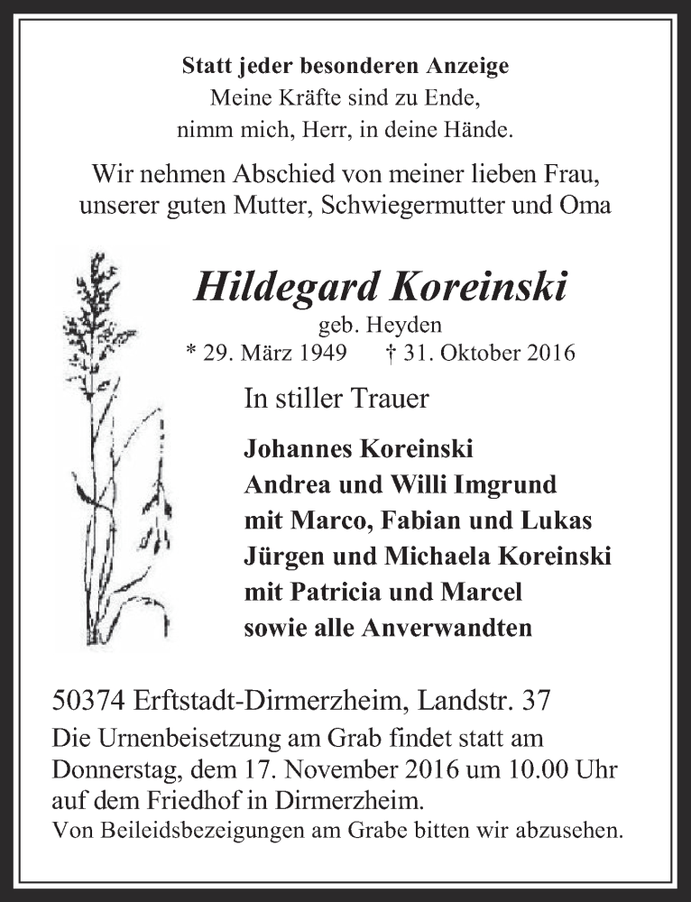  Traueranzeige für Hildegard Koreinski vom 16.11.2016 aus  Werbepost 