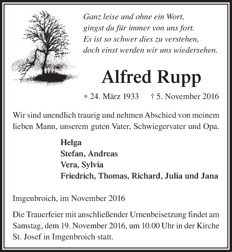  Traueranzeige für Alfred Rupp vom 12.11.2016 aus  Sonntags-Post 