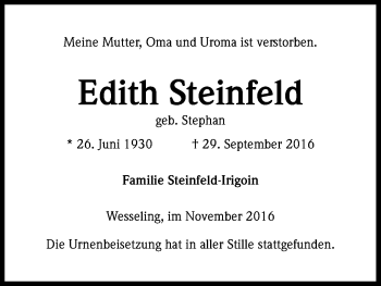 Anzeige von Edith Steinfeld von Kölner Stadt-Anzeiger / Kölnische Rundschau / Express