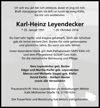 Anzeige von Karl-Heinz Leyendecker von Kölner Stadt-Anzeiger / Kölnische Rundschau / Express