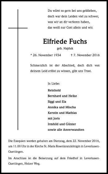 Anzeige von Elfriede Fuchs von Kölner Stadt-Anzeiger / Kölnische Rundschau / Express
