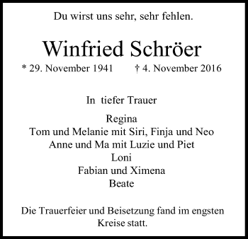 Anzeige von Winfried Schröer von Kölner Stadt-Anzeiger / Kölnische Rundschau / Express