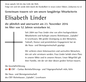 Anzeige von Elisabeth Linder von Kölner Stadt-Anzeiger / Kölnische Rundschau / Express