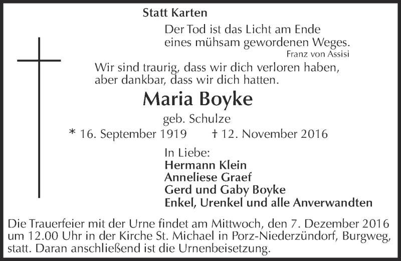  Traueranzeige für Maria Boyke vom 30.11.2016 aus  Kölner Wochenspiegel 