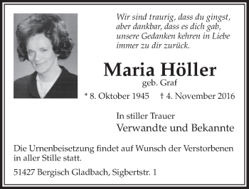 Anzeige von Maria Höller von  Bergisches Handelsblatt 