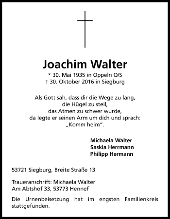 Anzeige von Joachim Walter von Kölner Stadt-Anzeiger / Kölnische Rundschau / Express
